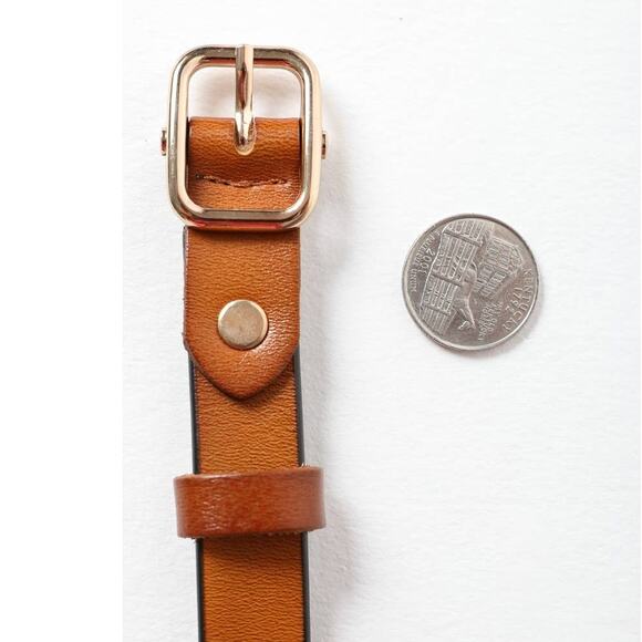 Versatile Skinny Classic Leather Gold Buckle Belt Camel Brown - Picture 3 of 5